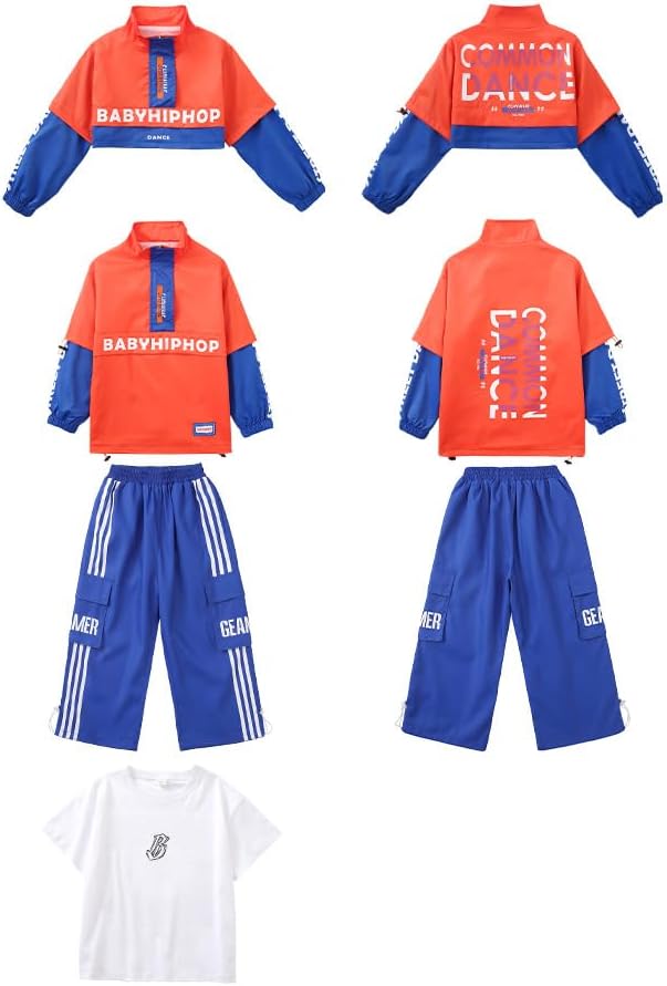 Meufam Kids Boys Girls 3 Piece Hip Hop Streetwear Outfit Set, Stand Collar Jacket & Cargo Pants with Tee/Tank Top for Dance (15 Years,Boy)