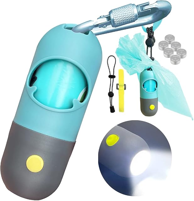Dog Poo Bag Holder with Built-in LED Torch and Metal Clip for Lead, Each Poo Bag Dispenser Includes 15 Dog Poo Bags (1, Crystal Blue)