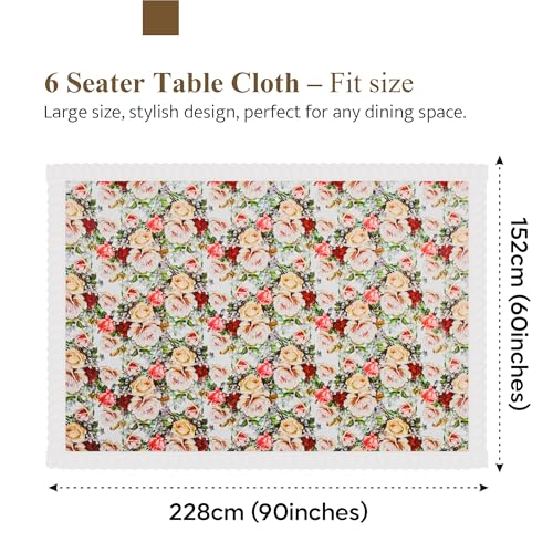 Image of Kuber Industries 60x90 Inch PVC Dining Table Cover 6 Seater Waterproof | Indoor and Outdoor Dining Table Cover /Sheet for Party and Events | Rose Design - White