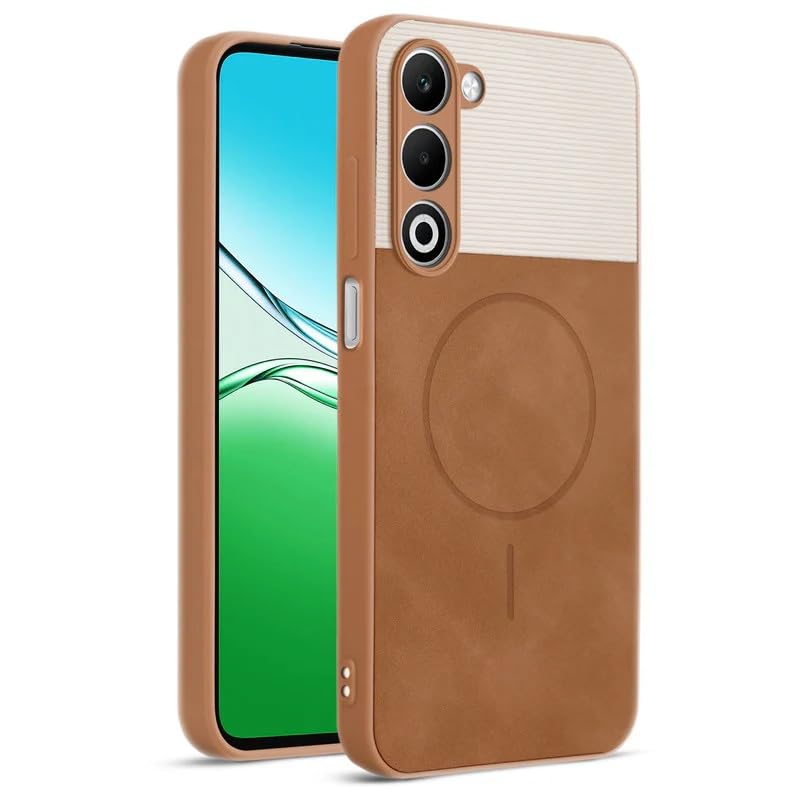 Image of Bintage case Dual-Leather Macc-Safe Design Phone Case| Soft Touch Finish | Full Camera Protectection Back Cover Compatible for Oppo CPH2751 /Oppo A5 5G - White & Nut Brown