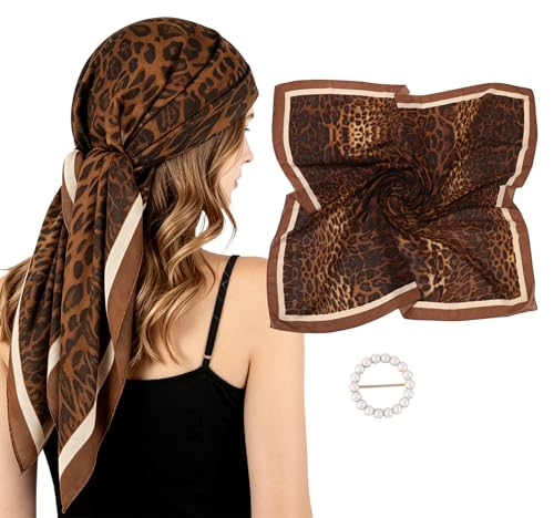 GERINLY Large Bandana Scarf Leopard Cheetah Head Scarves with Scarf Ring Cotton Feel Shawl Animal Print Hair Wrap (Brown 39 Inch)