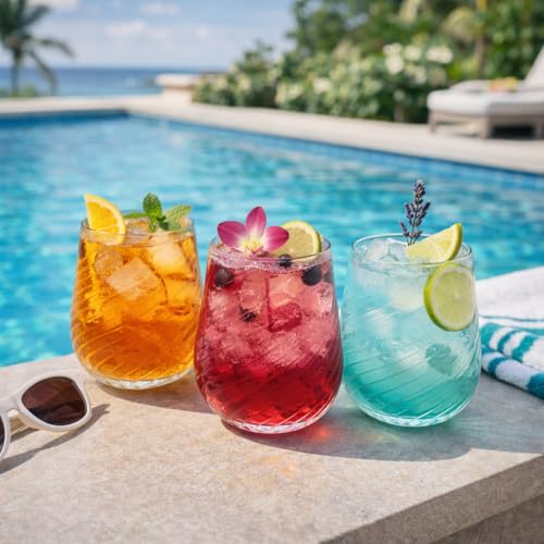 Image of 48 Pack Origami Ripple Plastic Glasses 24 9 Ounce Stemless Champagne Flutes & 24 12 Ounce Cups, BPA-Free Disposable Shatterproof Toasting Glasses for Weddings, Bars, and Events (48, Twiselle Clear)
