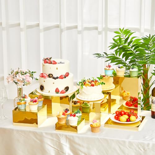 Leinuosen 7 Pcs Large Buffet Risers Set 6" to 12" Acrylic Display Box Catering Dessert Table Riser Food Display Decorative Stand with Hollow Bottom for Catering Supplies(Gold, Square) by Leinuosen - Image 5