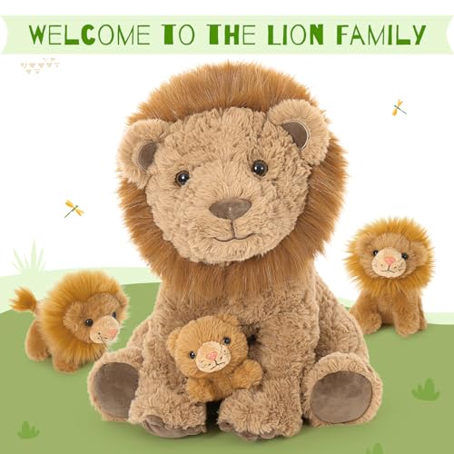 Image of Lion Stuffed Animal with 3 Babies, 17.7 inch Wild Animal Plush Toys