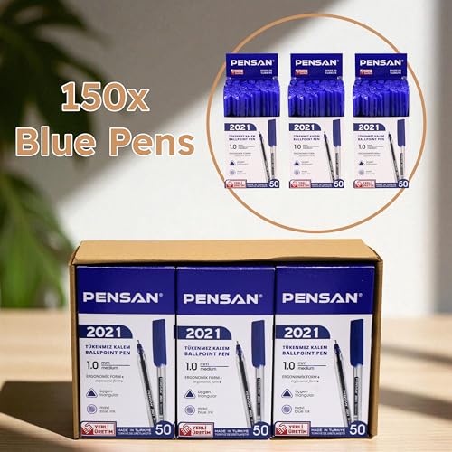 Image of PENSAN Blue Ballpoint Pens,1.0 mm Medium Point, Blue Pens, Ergonomic Triangle Grip, Smooth Writing, 150-Count Pack of Bulk Pens