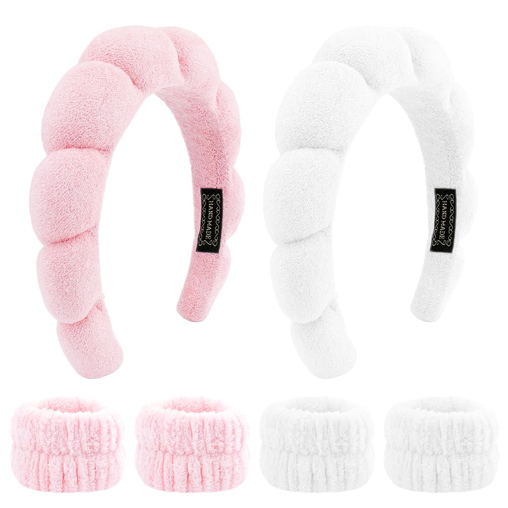 SPA Headbands for Washing Face Makeup Headbands with Bow Hair Band Women Facial Head Band Wrist Towel Wraps For Shower Face Mask Pink White, 6 Pack