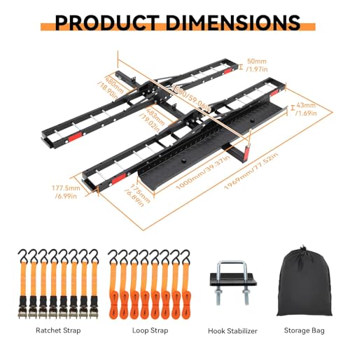 ExploreHorizon Heavy Duty Motorcycle Carrier for 2 Bikes, Hitch Mount Rack with Ramp for Dirt Bikes & Ebikes, 600 lbs Capacity with Ratchet Straps and Stabilizers, Receiver Hitch Ebike Carrier