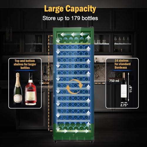 Image of Wine Fridge Freestanding,173 Bottles 24 Inch Wine Cooler Refrigerator, Tall Wine Fridge with Compressor Low Noise Fast Cooling, Wine Cellar with Upgraded Door Handle Sliding Rail Shelves, Black