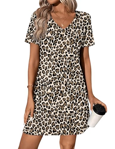 Ekouaer Cotton Nightgowns for Women Short Sleeve Womens Nightgown V Neck Sleep Shirts for Women Sleepwear Leopard Print Large