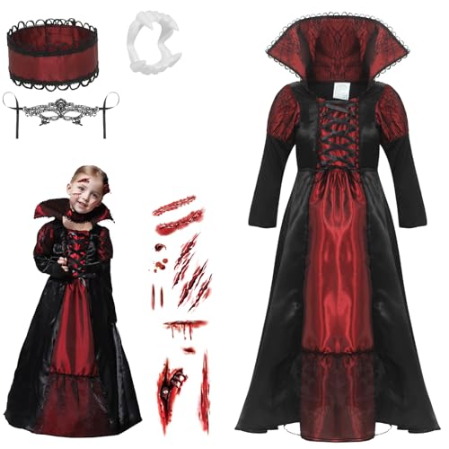 Disfraz de Vampiresa Gótica para niña Halloween - Rubies 10 Cloudkids Disfraz Vampiresa de Niña 4-6 Años, Halloween Disfraz de Vampiro Niña Chica, Talla M, Color Rojo y Negro
