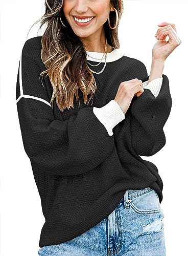Image of Fall Clothes for Women 2026 Fashion Outfits Knitted Oversized Sweaters | Disamer Womens Sweater Trendy,Color Block Crew Neck Long Sleeve Knitted Pullover Jumper Tops,Striped,Winter Cute Sweaters