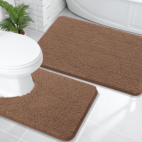 Image of OLANLY Bathroom Rugs Sets 2 Piece, Soft Absorbent Chenille Bath Mats and U-Shaped Contour Toilet Mat Area Rug Set, Machine Washable Bath Carpet, Home Decor Accessories(36 inchx24 inch+24 inchx20 inch, Mocha)