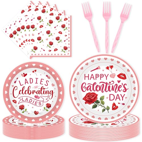 96 Pcs Galentines Day Decorations for Party, Pink Roses Ladies Plates Napkins Forks for 24 Guests, Ladies Night Celebration Tableware Party Supplies Set