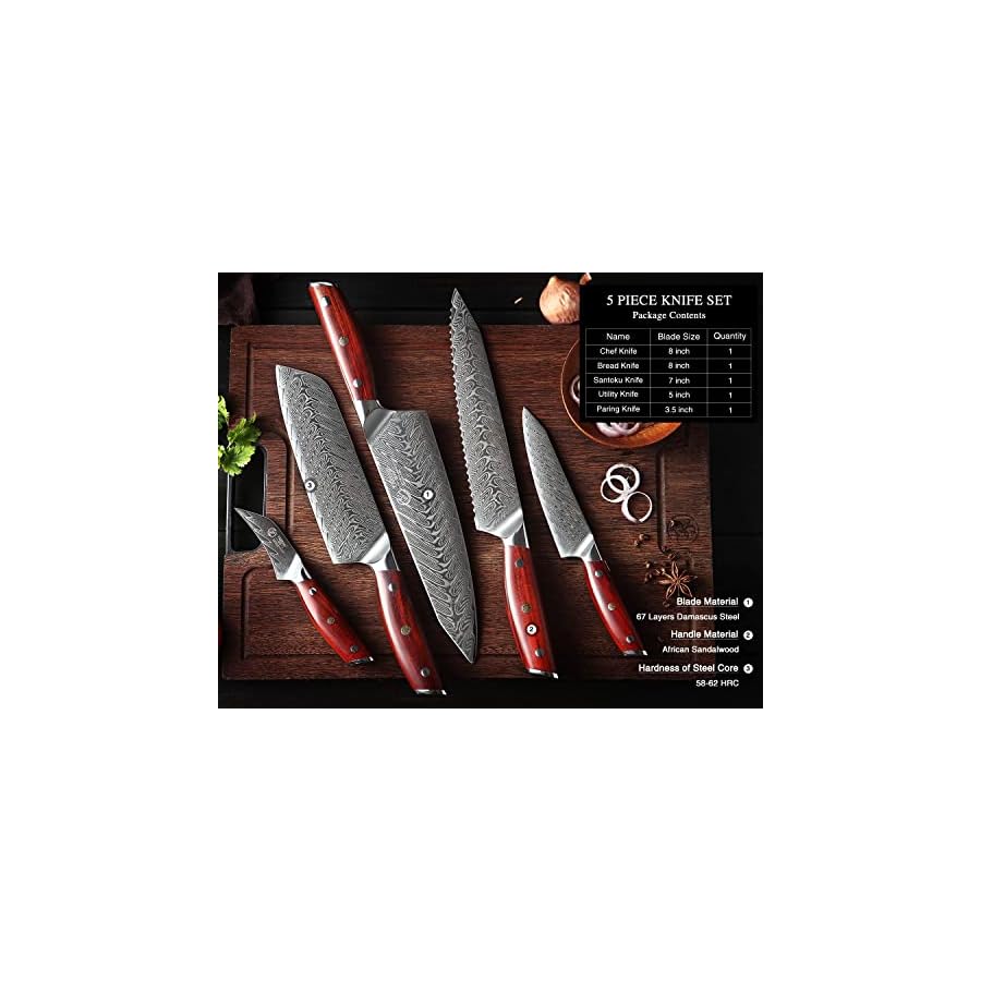YARENH-Bread-Knife-Set5-Piece-Kitchen-Knifewithout-BlockDamascus-Stainless-SteelAfrican-Sandalwooden-HandleProfessional-Chef-Sharp-Knife-for-Kitchen YARENH Chef Knife Set without Block,5-Piece Damascus Kitchen Knife,67 layers of carbon steel,Razor-Sharp,Durable Blade with Sandalwood Handle,Anti-Rust,Elegant Gift-Box