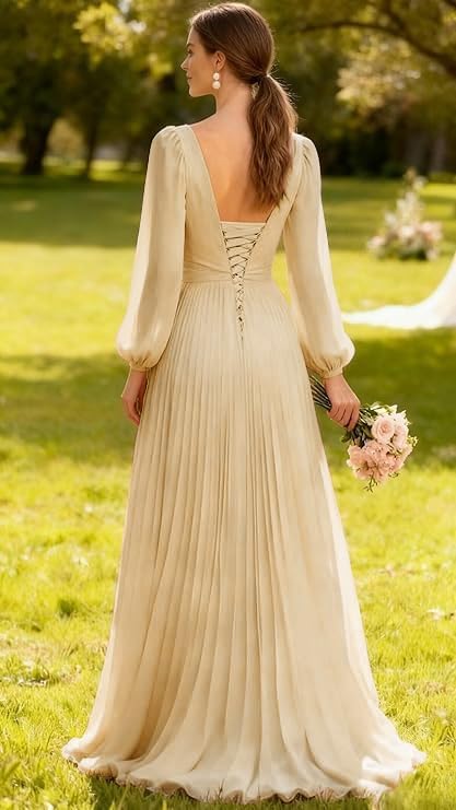 Long Sleeve Bridesmaid Dress Ruffle Chiffon Formal Dresses V Neck Pleated Formal Evening Gown with Pockets - Image 2