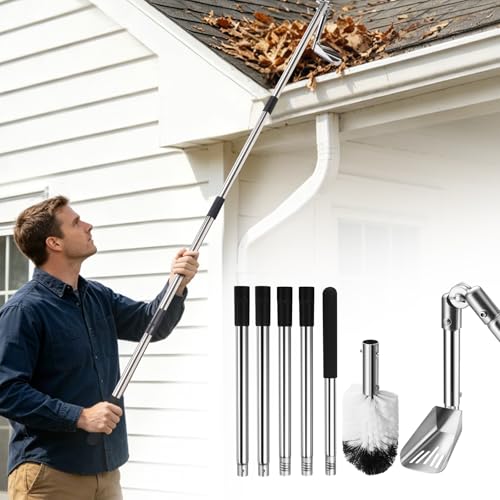 Gutter Cleaning Tools from The Ground 6.4FT Gutter Scoop with Extension Pole & Gutter Cleaning Brush Clean Gutters Safely Easily Remove Leaves & Debris (Silvery)