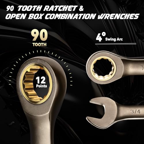 Image of DISEN 13pcs 90 Teeth Ratcheting Wrench Set, Fixed Head SAE Combination Ratchet Wrenches Set 1 /4 Inch - 13 /16 inch, Nickel Plating Cr-V Constructed with Organizer