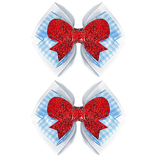 2 Pcs Red Glitter and Blue Gingham Hair Bow Clips Sparkly Costume Accessories for Halloween Dress-Up Events & Theme Outfits