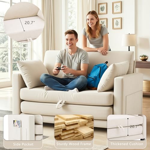 Image of 52 inch Loveseat Sleeper Sofa Bed, Convertible Small Pull Out Couch with Solid Back, 2 Pillows, Modern Upholstered Loveseat for Compact Living Room, Apartment, Bedroom, Beige