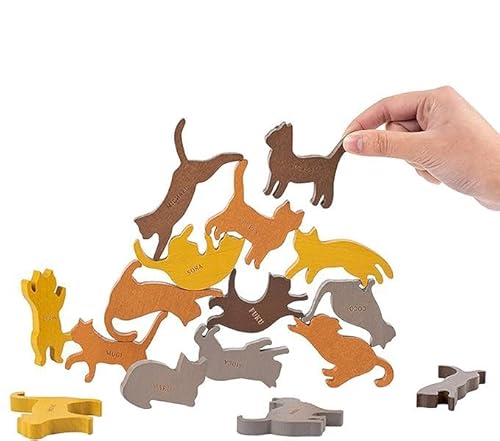 Wnicek 積み木 猫ちゃん 16匹入り バランスゲーム 木のおもちゃ モンテッソーリ 動物園 子供 赤ちゃん 知育玩具 早期開発 集中力 指先訓練 出産祝い 誕生日 プレゼント 子供から大人まで 簡単そうで難しい