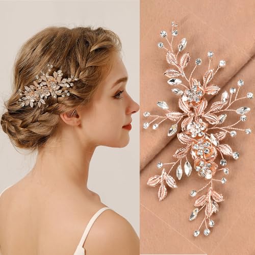 Bridal Hair Accessories Bright Rose Gold Wedding Hair Duckbill Clip for Brides Handmade Rhinestone Hair Vine Wedding Head Pieces for Women and Bridesmaids Flower Girls Christmas Gift