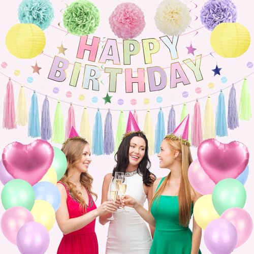 Image of Pastel Rainbow Party Decorations 50Pcs Pastel Birthday Decorations for Girl | with Happy Birthday Banner Balloons Paper Pom Poms Lantern Hanging Swirls Garland Ribbon Macaron Theme Party Supplies