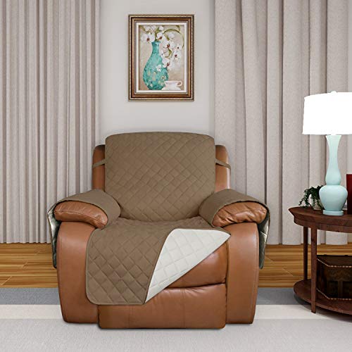 Image of PureFit Reversible Quilted Sofa Cover, Water Resistant Slipcover Furniture Protector, Washable Couch Cover with Non Slip and Elastic Straps for Kids, Dogs, Pets (Oversized Recliner, Camel /Ivory)