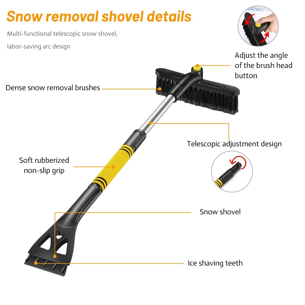 Grattoir à Glace Brosse à Neige, XiXiRan Brosse à Neige avec Poignée Télescopique, 2 en 1 Brosse de Déneigement, Brosse à Neige avec Poignée en Mousse, Outils de Déglaçage et de Déneigement de Voiture