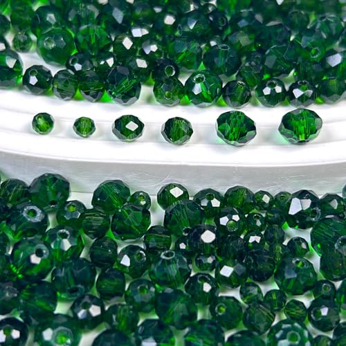 CRZSEELL 1040pcs 4/6/8mm Glass Beads Deep Green, Faceted Crystal Loose Rondelle Beads for Jewelry Making Bracelets Necklaces Suncatchers Plants Succulent DIY Crafts