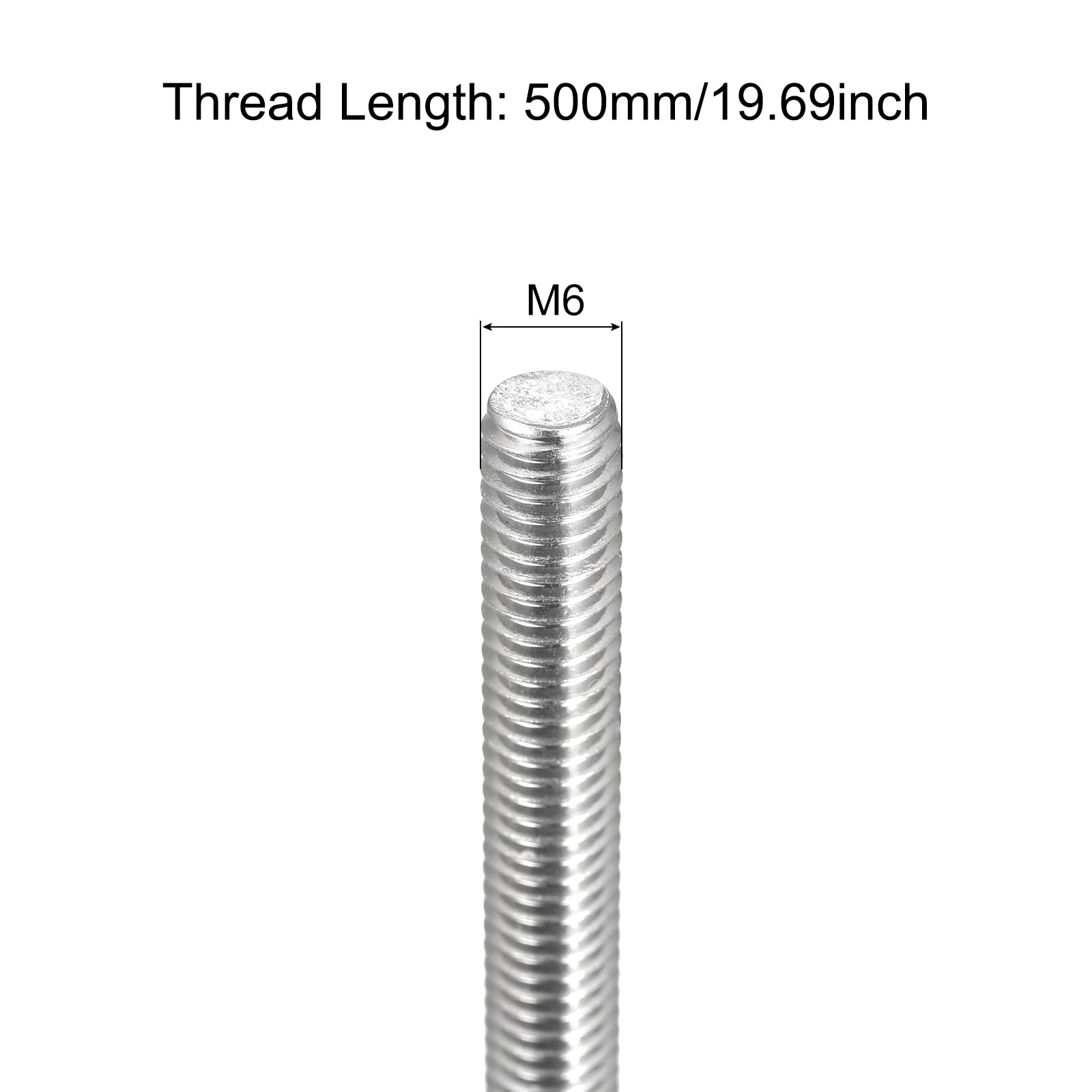 sourcing map Lot de 2 tiges entièrement filetées M6 x 500 mm Filetage 1 mm Acier inoxydable 304 Tige filetée à droite