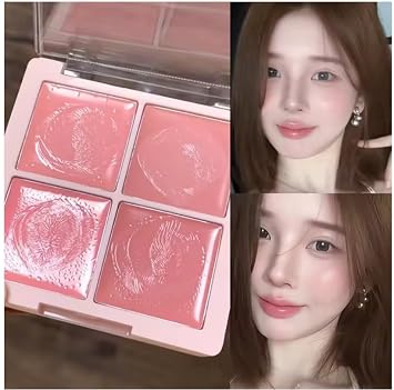 4-Color Cream Blush Palette, Peach and Pink Shades, Natural Hydrating Cheek Tint, Lightweight Blendable Face Blusher for Daily Makeup, Long-Lasting Glow Cream Cosmetic