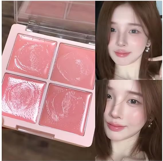 4-Color Cream Blush Palette, Peach and Pink Shades, Natural Hydrating Cheek Tint, Lightweight Blendable Face Blusher for Daily Makeup, Long-Lasting Glow Cream Cosmetic