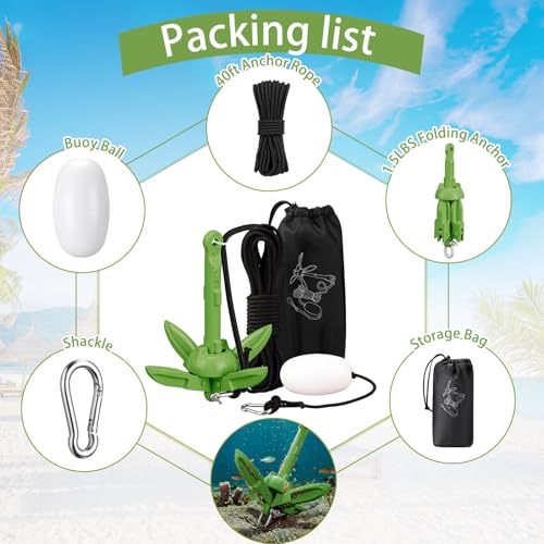 Image of MorningRo 1 Pack 1.5 /3.5 lb Marine Kayak Anchor Kit with 40ft Rope and Buoy Folding Grapnel Boat Anchor Kit Kayak Fishing Accessories for Small Boats, Canoe, SUP Paddle Boards