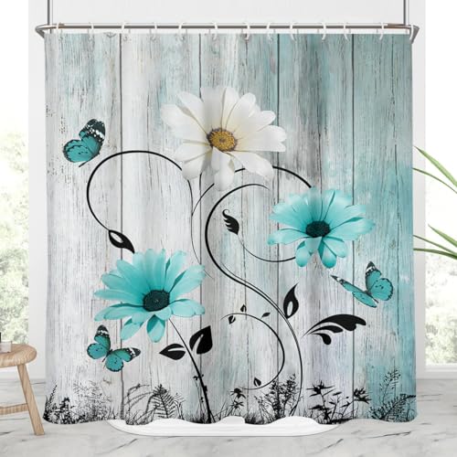 AAtter Teal Floral Shower Curtain, Farmhouse, 72x72 Inch, 12 Hooks