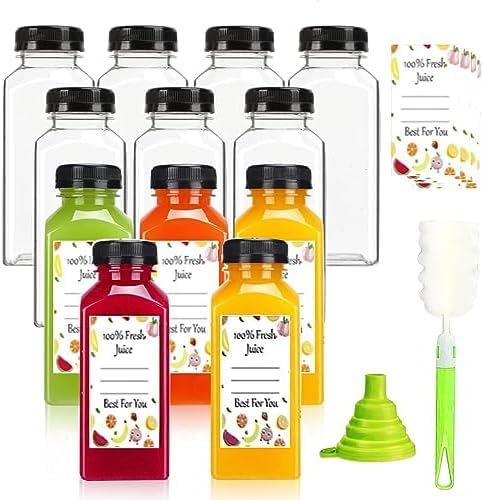Plastic Juice Bottles with Caps 12 pcs- 8oz Reusable Juice Containers with Tamper Proof Lids Black- Clear Juice Bottles for Juicing Milk Smoothie Drinking and Other Beverages Christmas Gifts