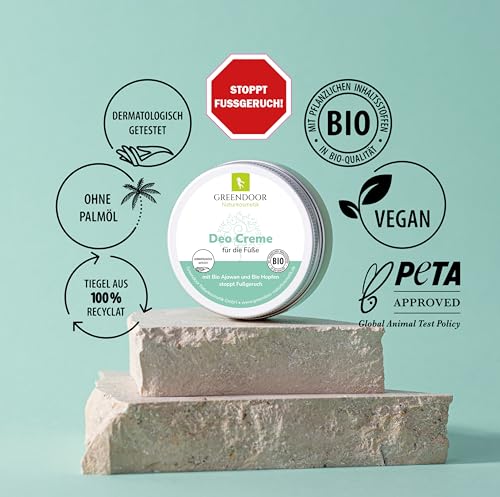 GREENDOOR Dezodorant do stóp 50 ml przeciwko nieprzyjemnemu zapachowi stóp, wegański, dezodorant bez aluminium, nigdy więcej zapachu stóp, naturalny, bez testów na zwierzętach, naturalny kosmetyk Bio