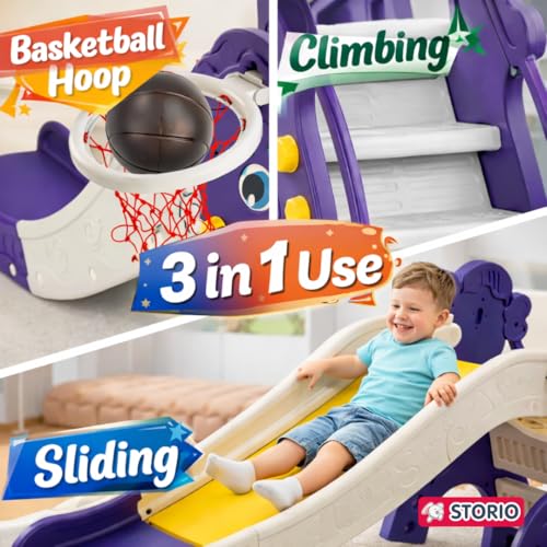Image of Storio Big Slide for Kids with Basketball Hoop | Large Indoor Outdoor Toddler Climber Playset for 2+ Years | Safe & Sturdy Plastic Garden Slide Toy for Boys & Girls - Purple