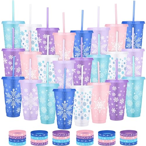 Kochorie 48 Pieces Snowflake Party Favors Cups Set 24 Oz 24 Frozen Themed Cups with Lids & Straws 24 Silicone Bracelets Reusable Plastic Tumblers for Winter Theme Holiday Birthday Party Supplies