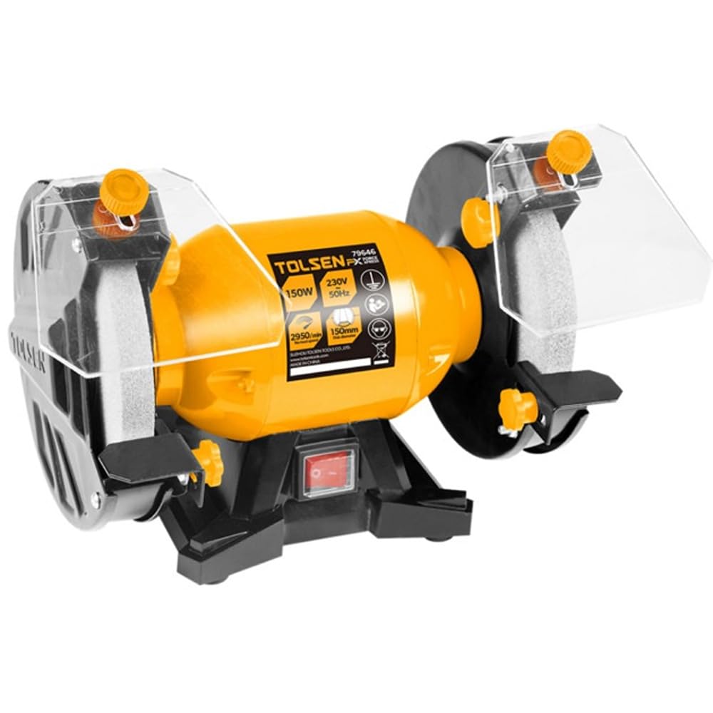 Tolsen 6-Inch Bench Grinder, 150W Workshop Grinding Machine, 2,950 RPM High-Speed Motor with Adjustable Tool Rests for Sharpening, Grinding & Polishing Tasks
