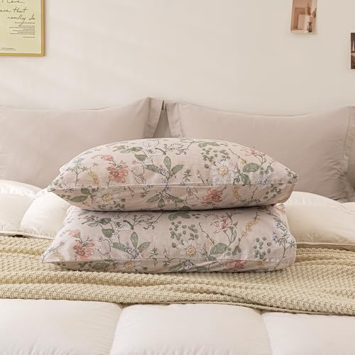 Image of ECOCOTT 2 Pack Floral Pillowcases Standard Size, 100% Washed Cotton Pillow Cases with Envelope Closure, Vintage Botanical Flower Printed Pillow Covers