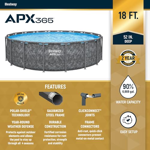 Bestway APX 365 18' x 52" Round Above Ground Swimming Pool Outdoor Backyard Framed Pool Set with Sand Filter Pump, Ladder, and Cover, Dark Marble