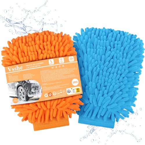 vsshe Auto Waschhandschuh 2er Microfaser - Handschuh Chenille-Handschuh für Professionelle Autopflege | 100% Saugstark Kratzfrei & Achonend | Putzhandschuh für Autowäsche und Fensterreinigung