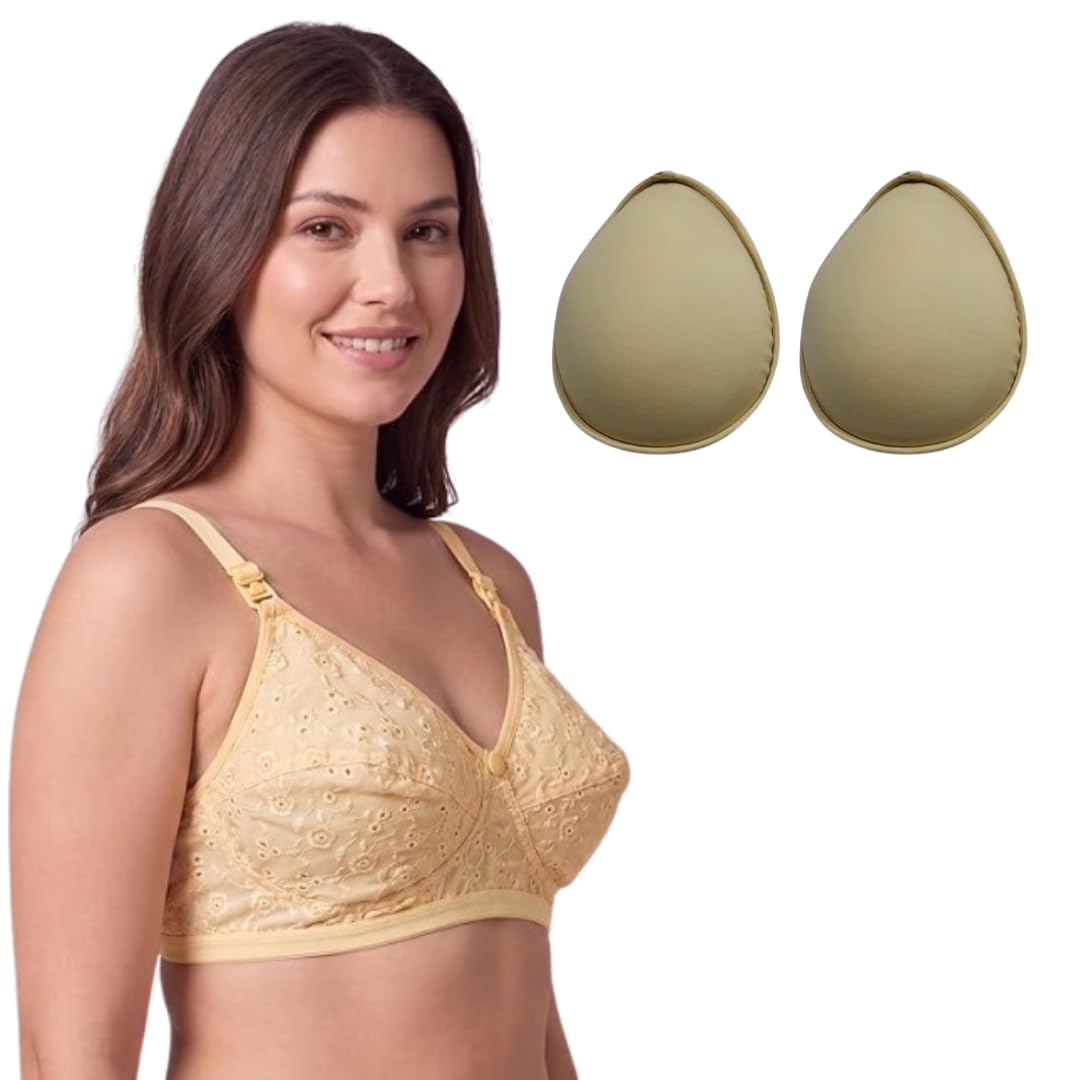 Chicken Mastectomy Cancer Pocket Bra with Two Insert Pads for Women - White (32) | Cotton Chikan Cool Fabric | Padded B Cup | Both Side Prosthesis Pockets-image-49