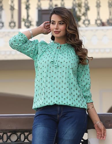 Image of Himanshi Enterprises Women's Traditional Casual 3 /4 Sleeves Mandarin Nack Rayon Floral Printed Short Kurti