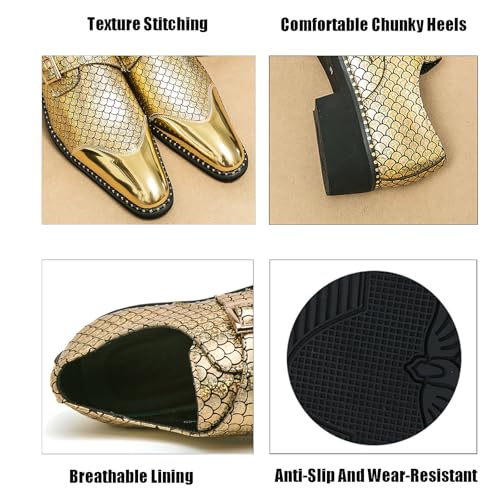 Men's Leather Printing Chunky Heel Monk Buckle Loafers Fashion Classic Pointed Toe Slip On Formal Business Dress Oxford Shoes for Business Wedding Party2