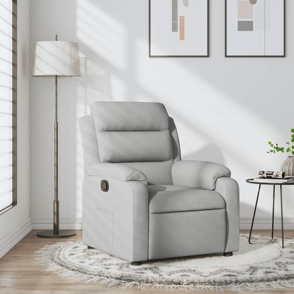 Fotel relaksacyjny, jasnoszara tkanina z ręczną funkcją leżenia, stabilna rama drewniana, wygodna tapicerka, kieszeń boczna, ergonomicznie regulowany, do salonu, kącika do czytania i biura