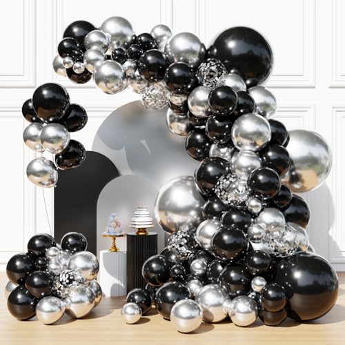 Image of Black and Silver Balloons Garland Arch Kit, Black Silver Balloons for Birthday, Wedding, Graduation, Anniversary Decorations