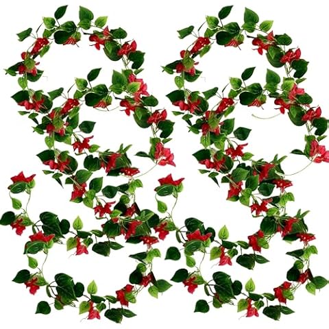 Pack of 4 - Long 7.5Ft Bougainvillea Artificial Flowers Garland Fake Greenery Ivy Vines Real Touch Hanging Vines for Home Garden Wedding Arch Floral Arrangements (Green/Pink - 4 Pack) Cover