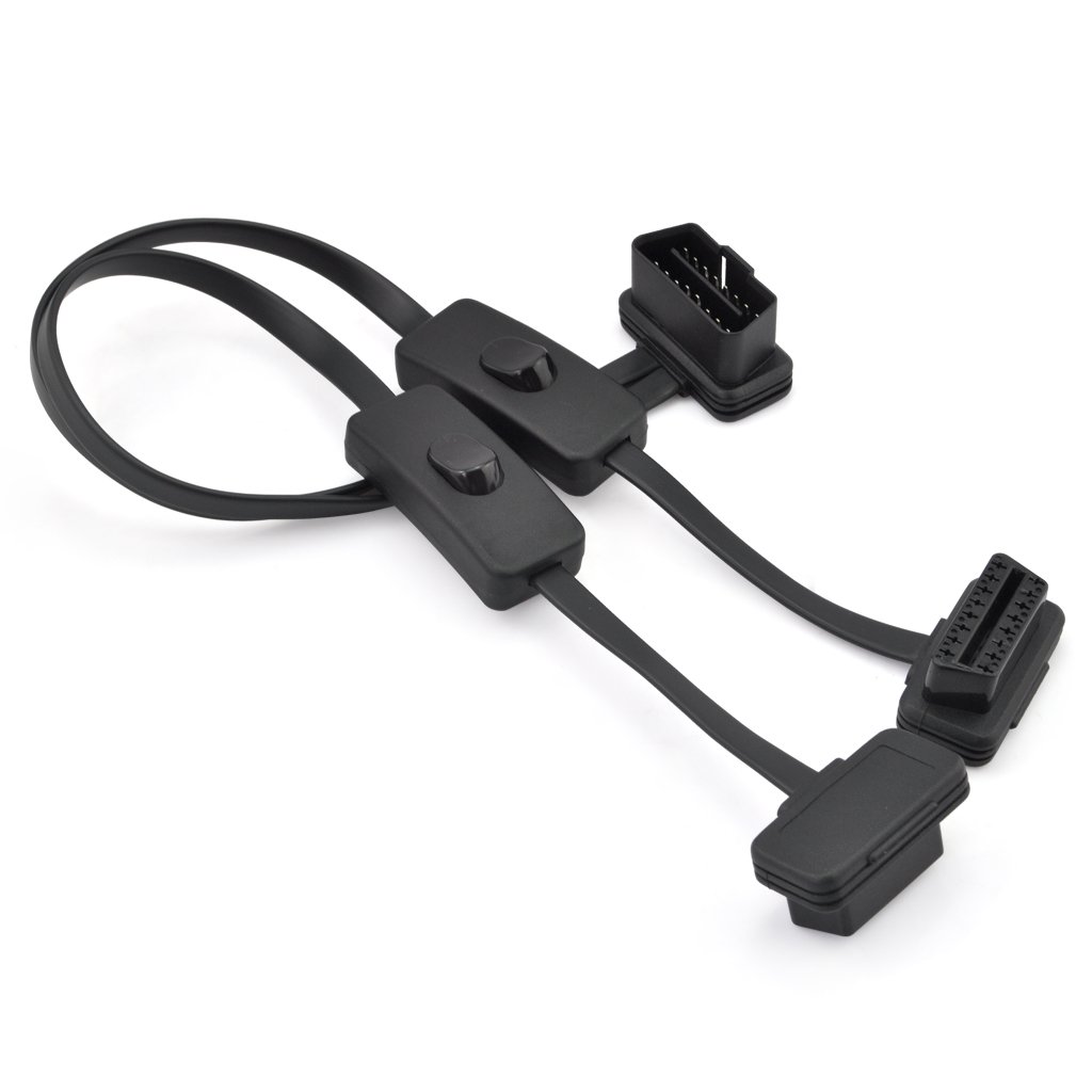 iKKEGOL OBD2 OBDII 1 to 2 Ultra Low Profile 16 Pin Male to Female Y Splitter Cord Diagnostic Extension Cable with Individually Power Switch 50cm / 20"""