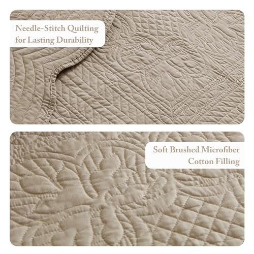 Image of Madison Park Cottage Damask Coverlet Set, 3 PC Full /Queen Quilt Set | Scallop Edge, All Season Oversized Bedding with Pre-washed Cotton-Filled Quilt, Shams, Khaki